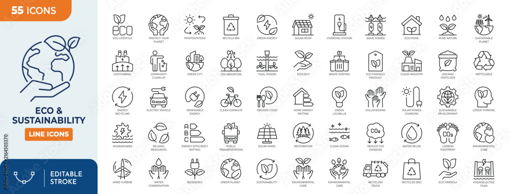 Fototapeta premium Eco and Environmental Sustainability Icon set. Editable stroke. Vector illustration 