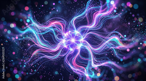 Abstract glowing core with swirling pink purple and blue light tendrils symbolizing energy flow connectivity and futuristic digital power in cosmic design   generative ai
