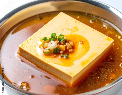 Square block of silken tofu served in savory sauce with green onion garnish in a round metal bowl