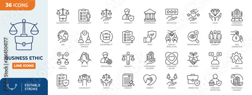 Business Ethic line editable icon set. Containing business, ethic, trust, compliance, integrity, moral, honesty, equality, justice, transparency, fairness, and more. Vector illustration	
