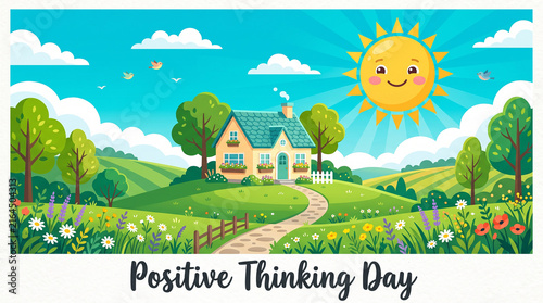 Cheerful countryside landscape with smiling sun and blooming flowers celebrating Positive Thinking Day symbolizing happiness optimism and mental wellness   generative ai
