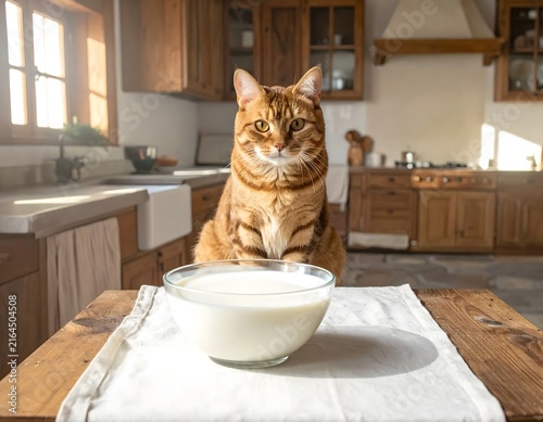 Bengal cat patiently waits for a bowl of milk on a kitchen table bathed in sunlight