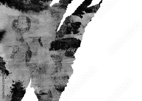 墨絵・水墨画風のダイナミックな破れ紙・切り貼り背景・抽象的な和墨グラフィックと和紙テクスチャのモノクロ背景