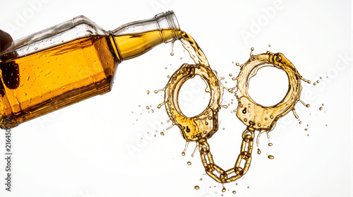 golden whiskey pouring from a glass bottle forming liquid handcuffs with splashes, isolated on white background, conceptual image representing alcohol addiction, dependency, trap and cirrhosis