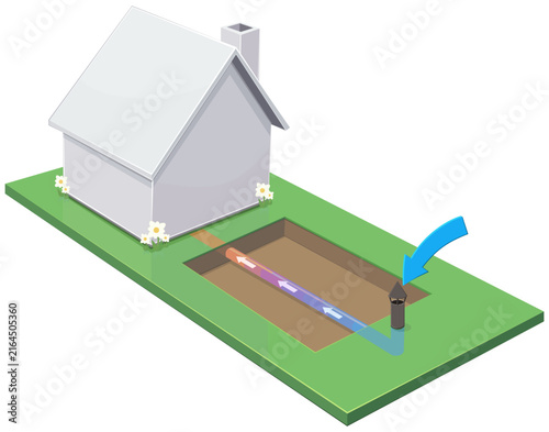 3D isometric house with ground earth air heat exchanger pipe showing winter preheating airflow, geothermal renewable energy, and passive sustainable ventilation (cut out)