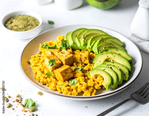 Hearty Vegan Tofu Scramble with Sliced Avocado and Fresh Herbs on a White Plate