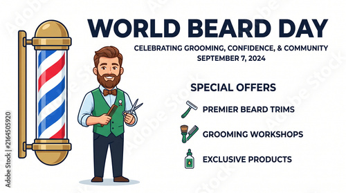 Illustrated barber and pole promoting World Beard Day 2024 with grooming offers symbolizing confidence style and community celebration in modern design   generative ai