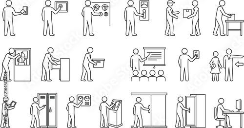 Workplace Activity Stick Figure Icons Collection with Office Operations Safety and Facility Management Symbols