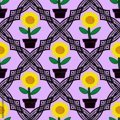 seamless pattern with stylized flowers Seamless pattern featuring cute yellow sunflowers in pots within black decorative lace frames on a lavender background.