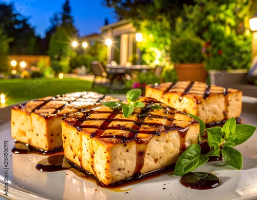 Gourmet Grilled Tofu Steaks with Savory Glaze Served Outdoors at Dusk