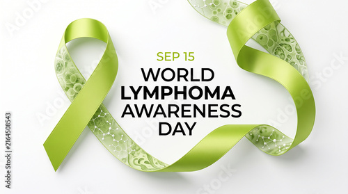 Green awareness ribbon with molecular pattern promoting World Lymphoma Awareness Day on September 15 symbolizing global cancer support health and medical research   generative ai