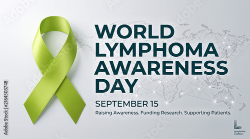 Green awareness ribbon with world map background promoting World Lymphoma Awareness Day on September 15 symbolizing global health support and cancer research unity   generative ai