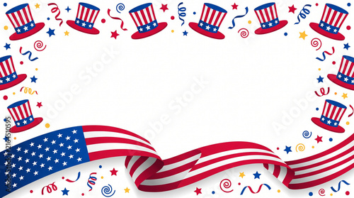 Patriotic American background with red white and blue flag ribbon and Uncle Sam hats celebrating United States national holidays and Independence Day theme   generative ai