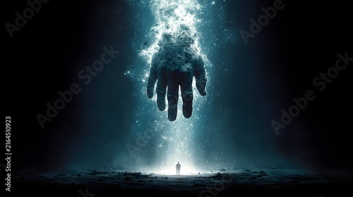 A lone figure stands in awe beneath a colossal,glowing hand descending from the heavens.