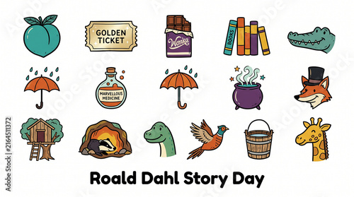 Colorful illustration celebrating Roald Dahl Story Day featuring iconic symbols from his books including golden ticket peach fox crocodile and giraffe in playful design   generative ai