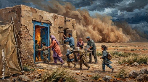Group of children and adults seeking safety in a building during a crisis