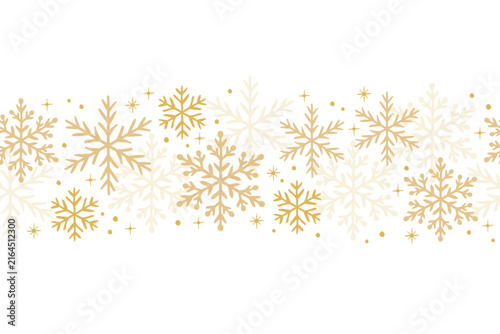 Gold snowflakes seamless border on white background.