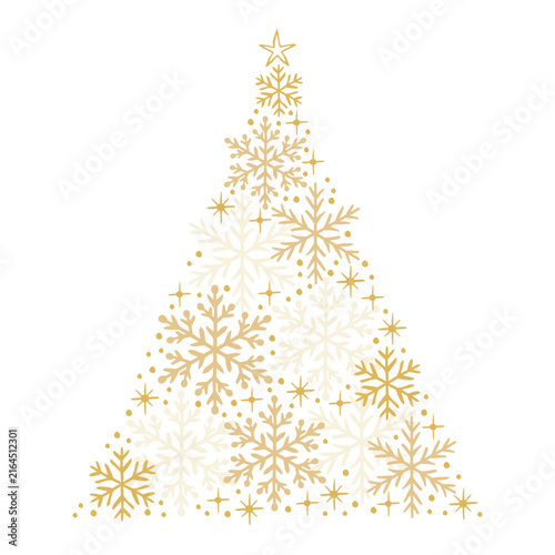 Gold snowflakes christmas tree illustration on white background.