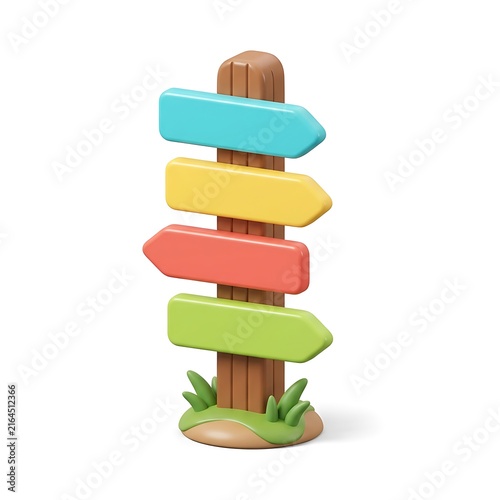 3D stylized wooden directional signpost with four colorful arrows pointing sideways isolated on white background