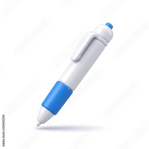 Glossy 3D illustration of a white plastic ballpoint pen with blue grip on white background
