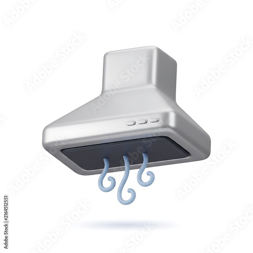 Minimalist 3D kitchen cooker hood icon with blue steam swirls and silver metallic finish