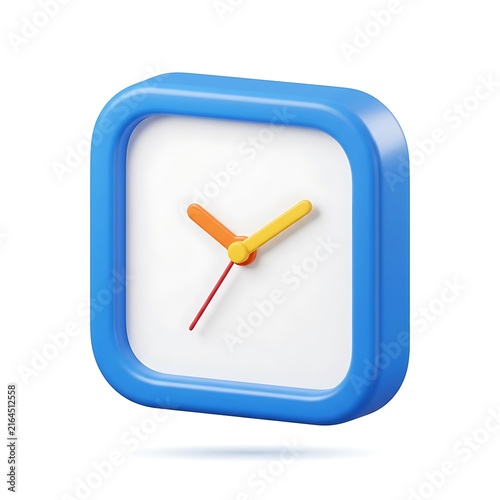 Minimalist 3D blue square clock with colorful hands isolated on white background in perspective view