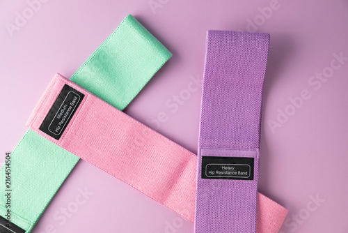 Fabric, elastic resistance bands for hip exercise, muscle building, and endurance training, in three stretch strengths