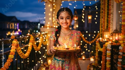 A young indian girl in traditional attire holding a lit diya lamp during the diwali festival celebration with festive lights in the background