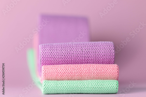 Close-up, woven fabric of three, elastic resistance bands for hips 