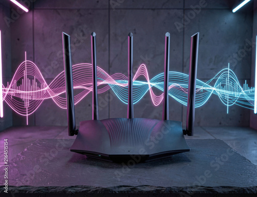 Black high speed wireless internet router with glowing signal waves