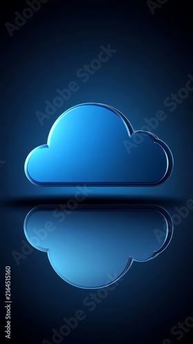 Abstract digital cloud icon floating above reflective surface in dark deep blue atmosphere