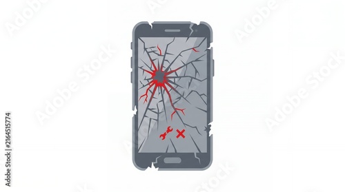 Broken Smartphone with Cracked Screen and Red Damage Effect