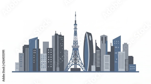Modern City Skyline with Skyscrapers and Tower in Cool Blue Tones