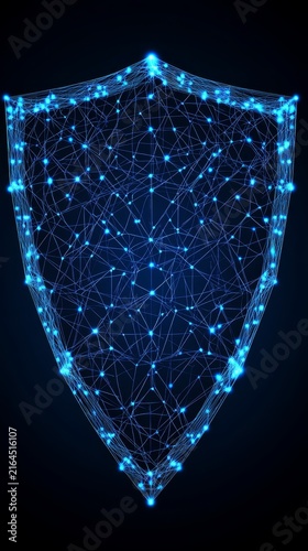 Abstract digital shield concept featuring glowing nodes and network connections for advanced cyber security data protection systems