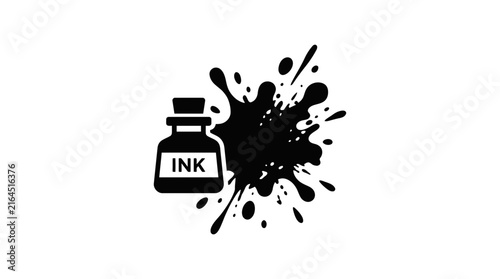 Ink bottle with black splatter design element.