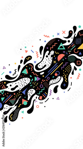 Ink splash with colorful 90s geometric patterns