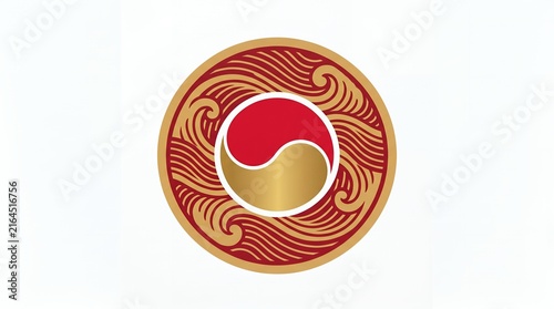 Traditional Circular Yin Yang Symbol with Red and Gold Colors and Ornamental Pattern
