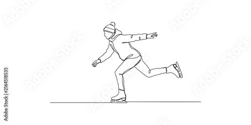 Continuous single line drawing of a person ice skating in winter clothes