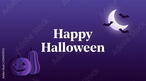 A festive purple background featuring a crescent moon bats and pumpkins with the text happy halloween greeting