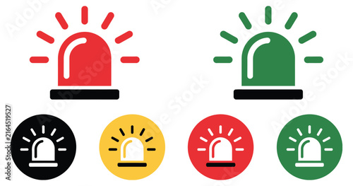 Emergency Siren Icon Featuring Flashing Beacon Lights with Red, Green, Yellow and Black Alert Symbols Vector Illustration