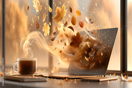 Autumn leaves swirl around a laptop and a coffee cup in a cozy room with a warm atmosphere