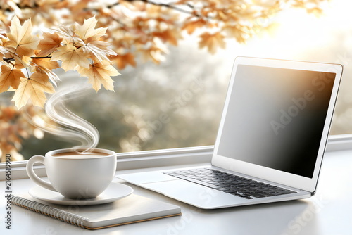 Coffee and laptop on a table with autumn leaves outside the window during a sunny day
