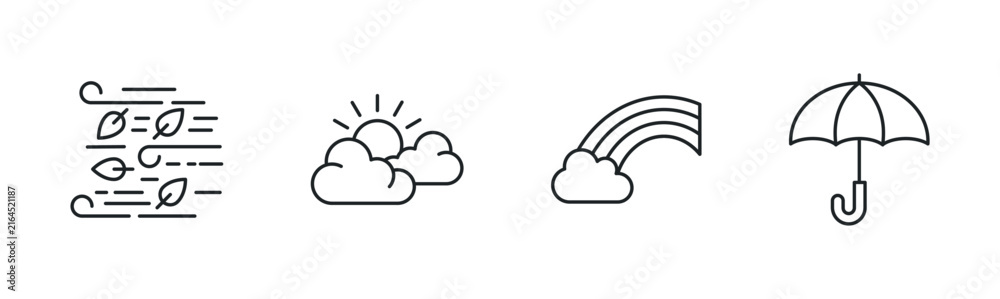 Fototapeta premium Set of linear icons representing autumn and weather symbols wind and flying leaves sun through clouds rainbow umbrella perfect for seasonal app design web icons or UI elements isolated on white. Vecto