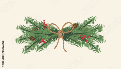 Beautiful christmas garland composed of evergreen pine branches, brown pinecones, red berries, and a rustic rope bow.