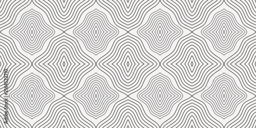 Abstract monochrome seamless pattern with black concentric wavy lines forming geometric diamond shapes on light grey background. Repeating texture for wallpaper, textile, wrapping paper. Vector
