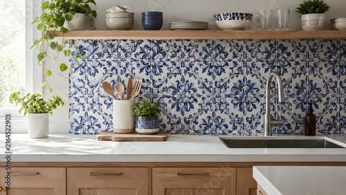 Kitchen Interior with Wooden Cabinets and Patterned Tile Backsplash