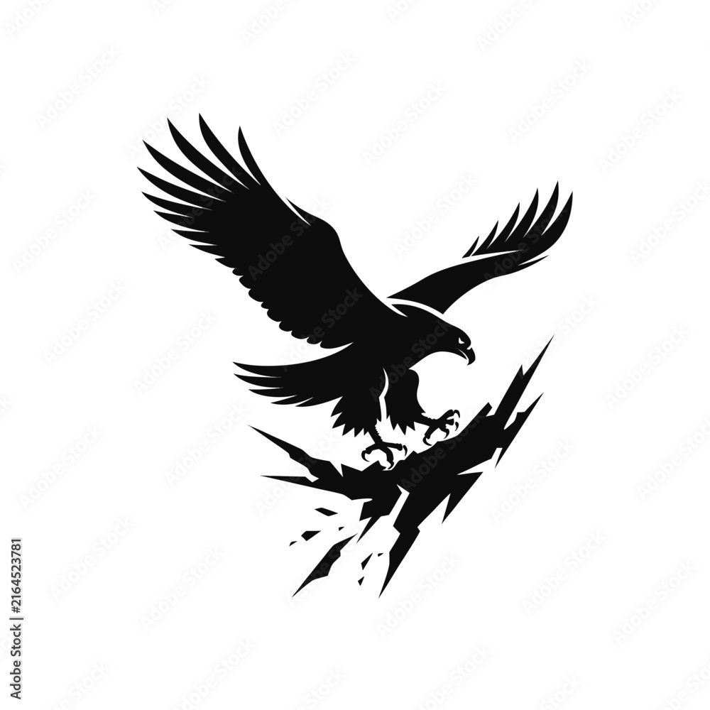 Obraz premium Dynamic eagle silhouette swooping down with extended wings over a broken rock, black and white
