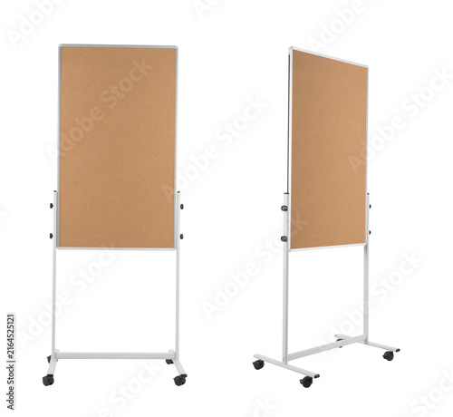 PNG Natural Brown Cork Bulletin Board with Rectangular Pinboard Surface and White Rolling Metal Caster Stand Isolated PNG Transparent Background .PNG Cork Bulletin Board