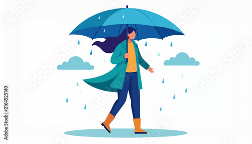 Woman walking with an umbrella in the rain, wearing a raincoat and boots