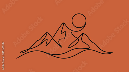 Minimalist one line drawing of mountains and sun on terracotta background for modern wall art and aesthetic design